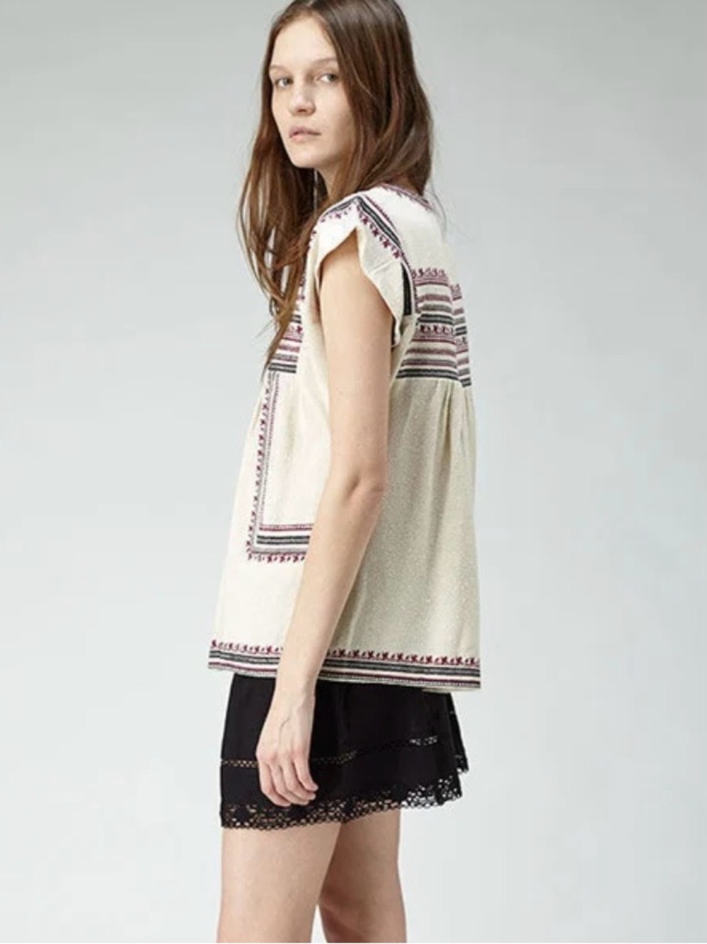 Isabel Marant Etoile Dumas Embroidered Silk top- Ecru and Burgandy - FR 34 /US S